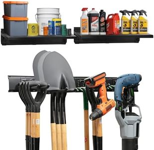 Heavy-Duty Garage Wall Storage System | Wall Mounted Tool Organizer Rack with Shelving | 10-Piece Mounting Kit | Includes 4x8.5” Adjustable Hooks & 2x16.5” Floating Utility Shelves