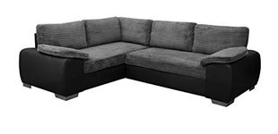 ENZO - CORNER SOFA BED WITH STORAGE - JUMBO CORD FABRIC LEATHER - LEFT HAND SIDE ORIENTATION (GREY AND BLACK)