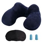 LUZWAY Inflatable Travel Pillow Neck Pillow Kits Ergonomic Soft Velvet Washable Pillowcase with Ear Plug and Eye Mask, Lightweight Sleeping Rest Cushion for Airplane, Car, and Train（Blue）