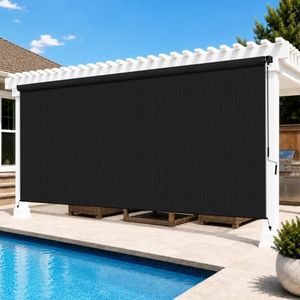 Breezombra 12'W x 8'H Black Outdoor Roller Shade with Crank Wand Patio Shades Roll up, UV Blocking & Privacy Protection