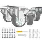 Casters, 3 Inch Caster Wheels, Casters Set of 4 Heavy Duty Locking Casters, Swivel Casters with Brake, Non Marking Grey TPR Rubber Castor Wheels for Cart Furniture Workbench