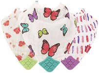 Nuby Reversible 100% Natural Cotton Muslin 3 Piece Flower/Butterfly/Stripes Teething Bib, Pink/Aqua/Purple