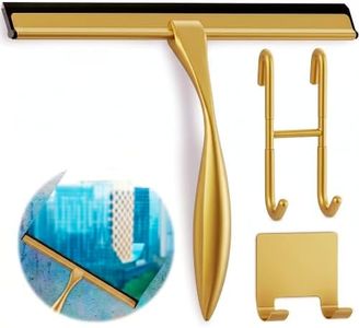 14 Inch Shower Door Squeegee - Gold Squeegee for Shower Glass with Stainless Steel Body, Silicone Blade, Adhesive & Hanging Hooks for Streak-Free Mirror, Tile, Window, Bathroom, Car, Everyday Home Use