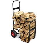 Firewood Log Cart Carrier, Heavy Duty Rolling Dolly with Wrought Iron Rack, Indoor and Outdoor Wood Storage Mover for Fireplace and Fire Pit, 44"x27"x20"in Firewood Racks Carrier with Wheels