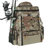 Kalkal Fishing Tackle Backpack, 44L Water-Resistant Fishing Backpack with 4 Rod Holder, Camo Fishing Tackle Bag Storage Fishing Gear, Fishing Gifts for Men Father