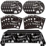 41PCS Black and Silver Birthday Decorations Happy Birthday Disposable Tableware Decor Plates Napkins Tableclot Set for Men Women Service20