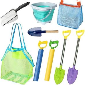 OKGD Beach Mesh Shovel Set with Mesh Beach Bag for Shell Collecting Including Long Sand Shovels, Mesh Extra Large Beach Bag,Water Blaster Soaker Guns,Beach Shovel Fun Gift Set for Boys and Girls