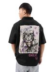 The Souled Store Official Joker: Devil's Smile Men and Boys Short Sleeves Collared Neck Button Front Black Graphic Printed Cotton Oversized Shirts