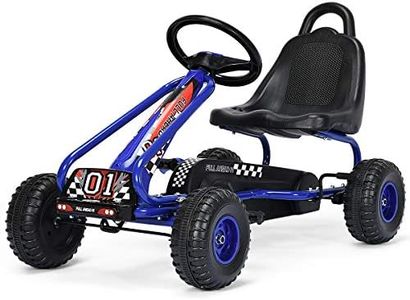 Costzon Go Kart for Kids, 4 Wheel Pedal Powered Go Cart with Adjustable Seat, Handbrake & Non-Slip Wheels, Outdoor Racer Ride On Pedal Car, Gift for Boys Girls (Blue)