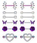 HAIAISO 6 Pairs 14G Stainless Steel Nipple Rings Tongue Ring CZ Barbell Heart-Shape Flower Butterfly Nipple Piercing Jewelry for Women