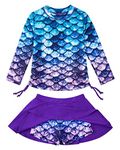 swimsobo Girls Rash Guard Swimwear 2 Pieces Quick Dry Swimsuits Mermaid Fish Scale Printed Bathing Suit Set Summer UPF 50+ Long Sleeve Shirt Ruffles Bottom Skirt Summer Beach Swim Dress 9T 10T