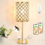 WIAONE Gold Lamp for Bedroom-Crystal Table Lamp with USB-C+A & AC Ports,3-Way Dimmable Bedside Lamp with Crystal Shade,Touch Lamps for Night Stands Modern Bedroom Lamp for Living Room (Bulb Included)