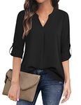 Timeson Women's Casual Chiffon V Neck Cuffed Sleeve Blouse Tops - Black -