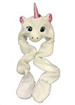 Drew Brady Kids Faux Fur Animal Head Long Trapper hat Hood Scarf Snood with Built in Mitten Covers (White Unicorn), 4-13 Years