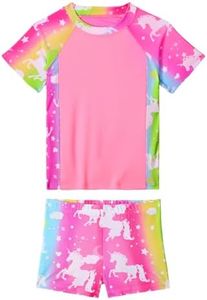Bathing Suits for Girls Size 6-7 Years Old Two Piece Pink Stripe Unicorn Swimsuits Short Sleeve Tankini Swimwear