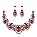 BriLove Costume Fashion Jewelry Set for Women Crystal Teardrop Hollow Scroll Collar Statement Necklace Dangle Earrings Set Purple Gold-Tone