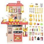 deAO Kitchen Playset Toy with Realistic Lights & Sounds, Kids Play Kitchen Set with Simulation of Spray Features, Pretend Role Play Toys with Lots of Kitchen Accessories Gift for Toddlers (Pink)