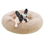 Eterish Fluffy Round Calming Dog Bed Plush Faux Fur, Anxiety Donut Small Dog Bed for Small Dogs and Cats, Pet Cat Bed with Raised Rim, Machine Washable, 23 inches Brown