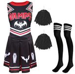 Ladies Halloween Vampire Cheerleader - Medium - Black & Red Cheerleader Dress, Black Pompoms and Black & White Sport Socks - Adults Cheer Captain Halloween Trick or Treat Fancy Dress Costume