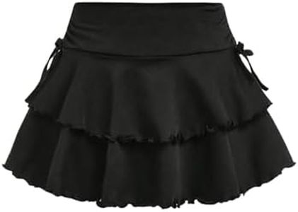 SOLY HUX Girl's Cute Mini Skirts High Waisted Ruffle Layered Skirts Swing Flowy Skater Tennis Skirt Plain Black 9 Years