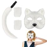 Therian Mask and Therian Tail Gloves Set, Furry Cat Mask Long Fox Tail Halloween Cosplay Costume Half Face Masquerade Mask Animal Cosplay Mask for Halloween Carnival Cosplay Party Accessory (White)
