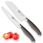 Taylors Eye Witness Syracuse Asian Kitchen Knife Set - Chefs Santoku 13cm/5” & Cooks All Purpose 13cm/5” Cutting Edge, Multi Use. Ultra Fine, Razor Sharp Blade. Soft Textured Grey Handle Tactile Grip.