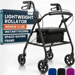 Vive Ultra Lightweight Rollator Walker with Seat - Foldable, Narrow, Rolling Senior Walker for Small Spaces - 4 Wheel Aluminum Adult Easy Drive Aid with Underseat Accessory - Weighs Only 14 Lbs