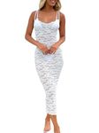 YILEEGOO Women Sexy Spaghetti Strap Lace Floral Bodycon Long Maxi Dress Summer Sheer Mesh Square Neck Backless Split Cami Dress (Z1-White, S)