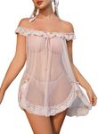 OYOANGLE Women's 2 Piece Mesh Sheer Floral Lace Babydoll Slip Dress Nightgowns and Thong Lingerie Set Pink Medium