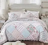 DaDa Bedding Cottage Patchwork Cotton Floral Bedspread Quilt Set - Hint of Mint Dainty Quilted Blooming Garden Botanical - Multi Colorful Ruffle Pastel Light Pink Blue/Green - King - 3-Pieces