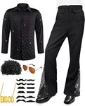 Men's 70s Disco Outfit Costume Bell Bottom Pants Long Sleeve Shirts Wigs Necklace Moustache Sunglasses (Glitter Sequin,X-Large)