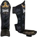 BUDDHA FIGHT WEAR - Muay Thai, MMA and Kick Boxing Shin Guards Top Premium Model - Made of Last Generation Synthetic Leather - More resistant and reinforced seams - Black and Gold - Size M