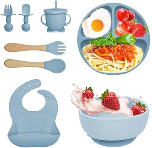 Bizcasa Set Pappa per Bambino, 8 Pezzi, Set Pappa Svezzamento per Bambini in Silicone, Senza BPA, Set Pappa Antiscivolo con Ventosa Piatto Ciotola Tazza Bavaglino (Blu)