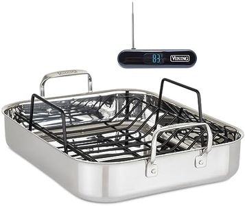 Viking Culinary 3-Ply Stainless Steel Roasting Pan and Rack with BONUS Instant Read Thermocouple Probe Thermometer, 16" x 13" x 3"