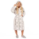 OHS Womens Dressing Gowns Teddy Marl Stars Grey, Fluffy Dressing Gown Warm Cosy Bathrobes Women Hooded Luxury Oversized Ladies Dressing Gown, One Size