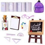 8 Pieces Doll School Supplies Includes Mini Doll Backpack Glasses Blackboard Miniature Books Palette Paper Clipboard Pencil Doll Rulers Doll Accessories for School Playset Pretend Play (Novel Style)