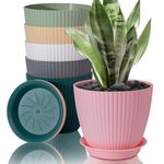 FORAGIFT 15cm Plant Pots Indoor, 6 Pack Stripe Grooves Plastic Flower Pots with Drainage Holes and Tray, Modern Decorative Planter Pot for All House Plants, Colourful