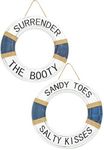 Lifesaver Rings “SURRENDER THE BOOTY” & “SANDY TOES, SALTY KISSES”, Sign Pool Decorations Outdoor, Beautiful Beach Décor Life Ring, Premium Hand Carved Lifesaver Nautical Décor Rings