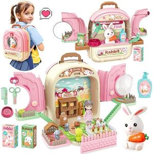 SMILESSKIDDO Pet Carrier Backpack Toy, 3 in 1 Pet Care Playset, Pretend Play Pet Care Accessories & Hair Dryer Toy, Rabbit Role Play Set for Girls Ages 3+