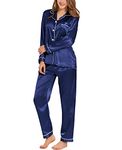 SWOMOG Womens Satin Silk Pajamas Long Sleeve Sleepwear Two Pieces Loungewear Button Down Pjs Set Navy Blue Medium