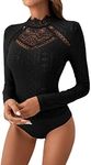 OYOANGLE Women's Elegant Lace Long Sleeve Mock Neck Embroidery Slim Fit Bodysuit Tee Tops Black L