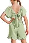 Arshiner Girls Off Shoulder Romper Ruffle Short Sleeve Tie Back Elastic High Waist Smocked Boho Elegant Mini Jumpsuits Playsuits