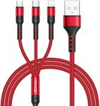 RAVIAD Multi Charger Cable, 3 in 1 Charger Cable 3A USB Fast Charging Cord [1.2M] Multi Charging Cable with Micro USB Type C Lightning Cable Connector for iPhone, Samsung, Huawei, Sony, LG, PS5-Red