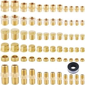 73-Piece NPT Fitting Kit with Teflon Tape - Comprehensive Pipe Thread Adapter Set Includes Hex Nipples, Bushings, Plugs, Couplings, Caps for Plumbing & Air Compressor Applications