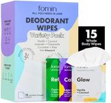 FOMIN Travel Deodorant Wipes - 15 Count - Variety Pack - pH Balanced, Hypoallergenic Mini Deodorant Wipes For Women and Men - Plastic-Free, Individually Wrapped Underarm & Body Wipes