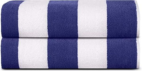 Sweet Needle Serviettes de Plage pour Adultes Lot de 2 - Bleu Royal-Blanc Cabana Rayé Classique - Serviette de Piscine 100% Coton Terry Ringspun, Séchage Rapide, Super Absorbante, 450 GSM, 76x152 cm