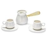 Bruntmor Turkish Coffee Pot with Porcelain Mugs - Arabic Coffee Ibrik - Cezve Pot for Armenian Coffee - Greek Briki Pot - Stove Top Coffee Maker Gift Set - Pristine White with Gold Accents - Set of 2