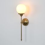JIMUBEAM Industrial Vintage Wall Light Sconce, White Glass Globe Shade with Long Arm Antique Brass Wall Lamp, Indoor Up and Down Wall Mounted Lamp Fixture