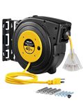 WILAWELS Retractable Extension Cord Reel, 40 FT (12.19 M) Heavy Duty Power Cord Reel, 12AWG/3C SJTOW Cord, 3 Grounded Outlets Lighted Triple Tap, 15 Amp Circuit Breaker, UL Listed, Yellow Y40CR06