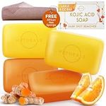 Kojic Acid Soap (4 Pack), Turmeric Soap Bar & Orange, Japanese Kojic Soap, Kojic Acid and Turmeric Soap with Hyaluronic Acid, Turmeric Kojic Acid Soap, Turmeric and Kojic Soap Bar